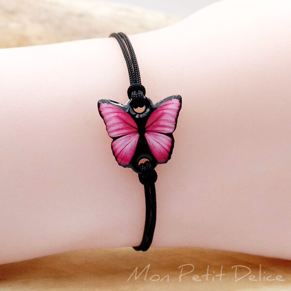 Adjustable string bracelet vintage pink butterfly handmade shrink plastic resin hypoallergenic steel cord thread bracelet jewelry kawaii