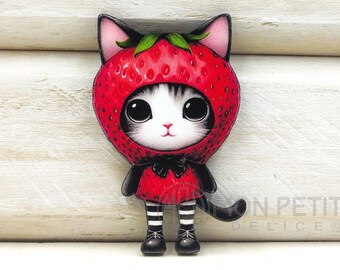 Strawberry Cat Wooden Brooch: Laser Cut Cat Lover Pin