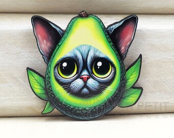 Avocato Cat Brooch: Illustrated Wooden Cat Avocado Pin