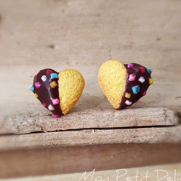 Pendientes perno Galletas Chocolate Te Corazon Cookie acero quirurgico hipoalergenico comida miniatura hecho mano arcilla polimerica kawaii