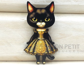 Victorian Black Cat Brooch: Laser Cut Wood Pin, Cat Lover Gift