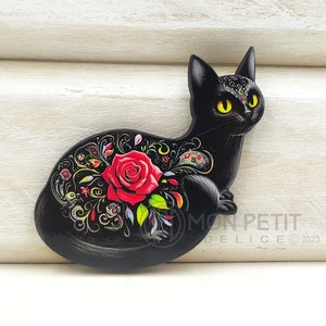 Whismical floral black cat wooden brooch, cat jewelry, black cat pin, laser wood brooch, Christmas gift, birthday gift, for cat lovers gift
