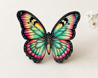 Vintage Schmetterling Brosche aus Holz: Lackierte Anstecknadel