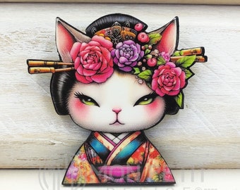 Broche de madera de gato geisha floral, joyería de gato, broche de gato, alfiler de gato, broche de madera ilustrado, regalo de cumpleaños, regalos para amantes de los gatos, gato cortado con láser