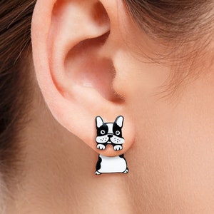 Pendientes Bulldog Frances Boston Terrier delantero trasero perno acero hipoalergenico hecho a mano plastico retractil resina kawaii animal