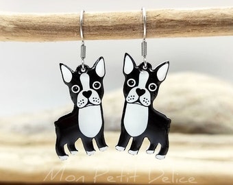 Dangle Boston Terrier French Bulldog Earrings: Hypoallergenic Steel Studs, Shrink Plastic & Resin, Dog Lovers Gift