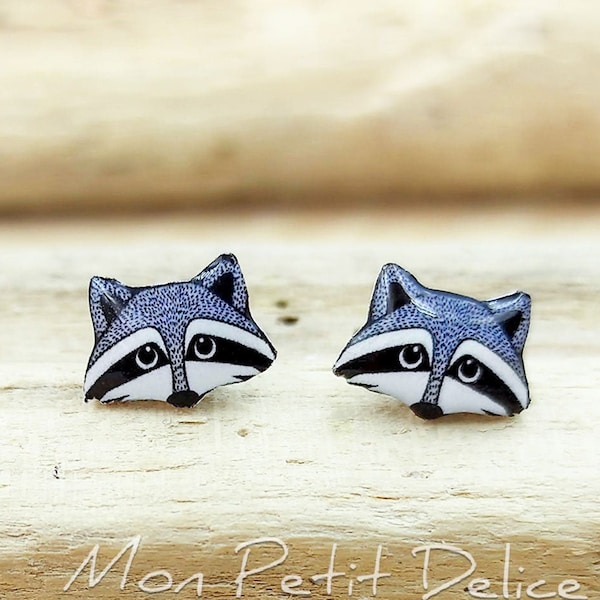 Cute Racoon Stud Earrings handmade shrink plastic resin hypoallergenic steel earring kawaii acrylic raccoon jewelry animal gift adult kids