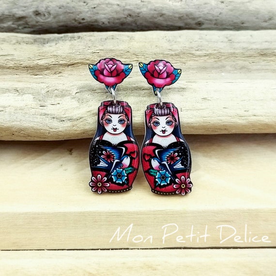 Matryoshka Rose Tattoo Doll Stud Earrings Handmade Shrink - Etsy Matryoshka Rose Tattoo Doll Stud Earrings Handmade Shrink - Etsy