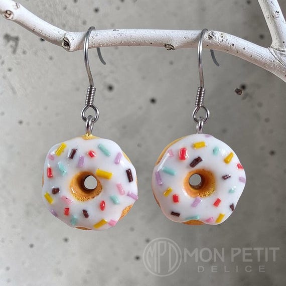 White Glazed Donut Earrings | Handmade Kawaii Miniature Food Jewelry | Hypoallergenic Stainless Steel