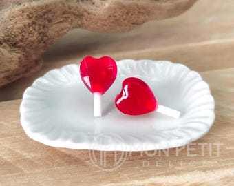 Heart Lollipop Earrings | Realistic Resin Candy Jewelry | Hypoallergenic Steel Studs | Valentine Gift | Kawaii Accessory