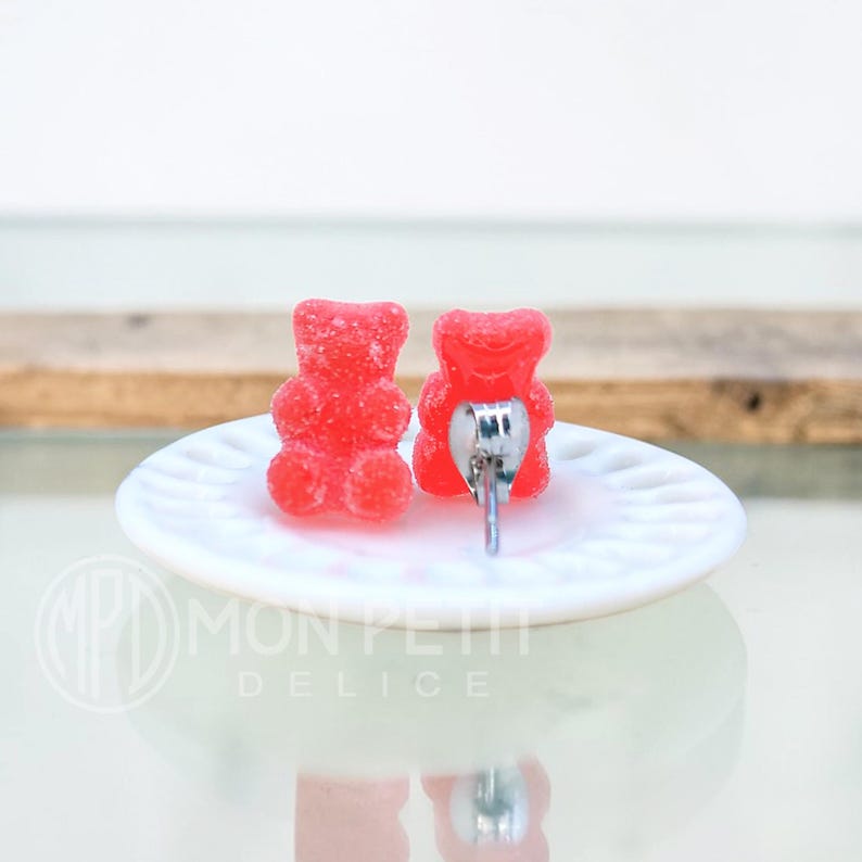 Back view of handmade red sugar gummy bears stud earrings with stainless steel