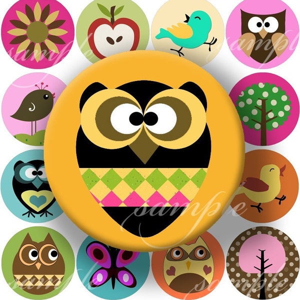 Cute Little Owls Digital Collage ( 340) Sheet 2x2 inchies Circles ( 2 pages ) for Glass Tiles , Pebble magnets , stickers .....