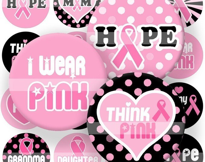 Breast Cancer Pink Ribbon Digital Collage 408 Sheet 1 Inch Circles for