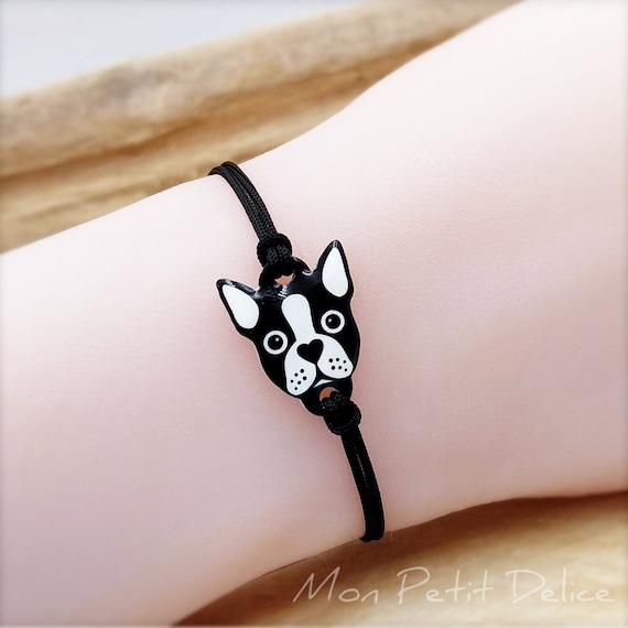 Pulsera de hilo ajustable Bulldog Frances Boston Terrier hecho a mano plastico retractil resina bisuteria perro kawaii animal macrame acero