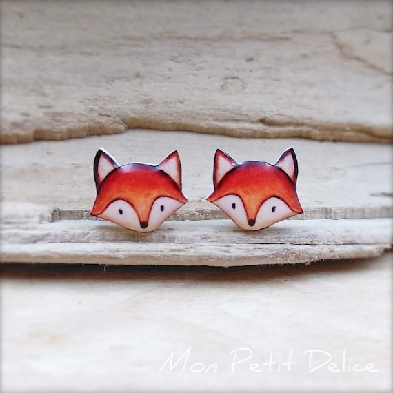 Cute Red Fox Earrings: Hypoallergenic Steel Studs, Shrink Plastic & Resin, animal lovers gift