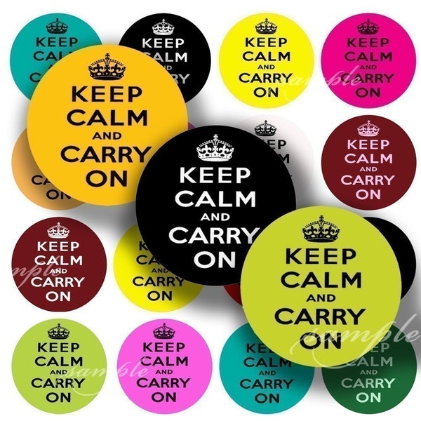 Colourfull Keep Calm And Carry On Digital Collage ( 155 ) Sheet 1 inch Circles for Bottlecaps , Pebble magnets or stickers