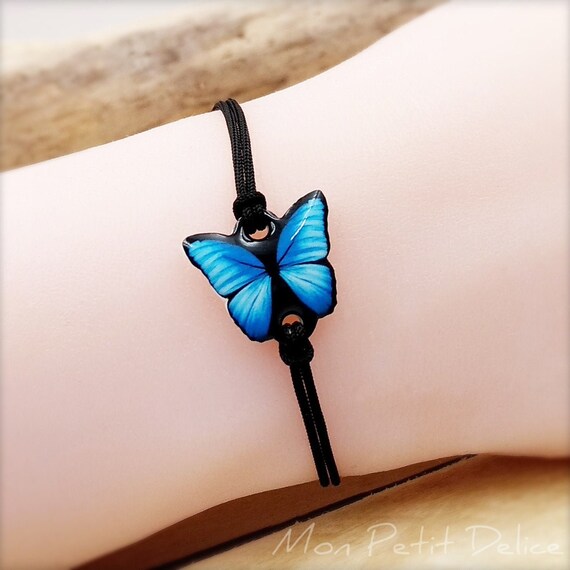 Pulsera de hilo ajustable mariposa azul vintage hecho a mano plastico retractil resina bisuteria kawaii animal macrame acero nudo corredizo