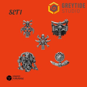 May include: Set of five silver-colored fantasy miniatures with intricate designs, including crosses, skulls, horns, and shields. The miniatures are displayed against a vibrant orange background. The text "SET 1" and the logos for "GREYTIDE STUDIO" and "PROXY PARADISE" are also visible.