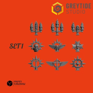 Könnte beinhalten: Set mit 9 3D-gedruckten Miniaturmodellen für Tabletop-Spiele. Die Modelle umfassen eine Vielzahl von Designs, darunter einen Schädel mit Flügeln, einen Schädel mit einem Kreuz und einen Schädel mit einem Rad. Die Modelle sind alle grau und in einem hochwertigen Harz gedruckt.