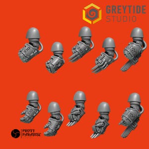 May include: Eight 3D printed plastic miniature space marine arms with different weapon options. The arms are gray and have a textured surface. The arms are designed for use with Warhammer 40k miniatures.