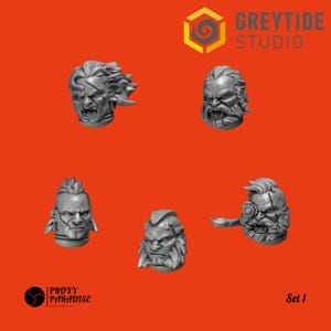 Könnte beinhalten: Satz von sechs 3D-gedruckten Miniaturköpfen, jeder mit einem einzigartigen Gesichtsausdruck und einer einzigartigen Frisur. Die Köpfe sind grau und scheinen aus Kunststoff zu sein. Die Köpfe sind in einem Rastermuster auf einem roten Hintergrund angeordnet. Der Text "Greytide Studio" und "Proxy Paradise" ist im Bild sichtbar.
