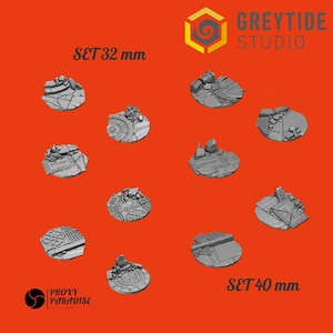 Op de afbeelding: Een verzameling grijze miniatuurterreinbases, met verschillende architectonische ruïnes en gedetailleerde texturen. De bases zijn verkrijgbaar in de maten 32 mm en 40 mm, met de tekst "SET 32 mm" en "SET 40 mm". De afbeelding bevat ook de logo's van Greytide Studio en Proxy Paradise.