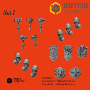 Puede incluir: Conjunto de piezas en miniatura de Warhammer 40k, que incluyen martillos, escudos y brazos, sobre un fondo naranja. El conjunto incluye cinco martillos y cinco escudos. El texto "Set 1" y "GREYTIDE STUDIO" son visibles.