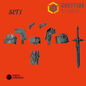Könnte beinhalten: Eine Sammlung grauer Miniaturfiguren und ein Schwert, vor einem orangefarbenen Hintergrund. Die Figuren umfassen architektonische Elemente, Rüstungsteile und ein Schwert mit einem schädelartigen Knauf. Der Text "SET 1" und Logos sind sichtbar.