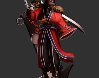 Könnte beinhalten: Eine rot-schwarze Figur eines Charakters aus Final Fantasy X, der ein Schwert und einen Stab hält. Die Figur steht auf einem Sockel mit der Aufschrift "Final Fantasy X".