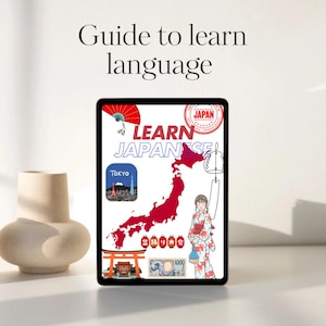 Pode incluir: Um guia digital para aprender japonês, com um mapa do Japão e vários ícones, incluindo um portão torii vermelho, um leque vermelho, um sino de vento e uma mulher com um quimono tradicional.