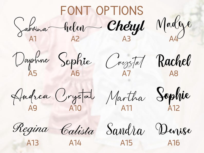 K&ouml;nnte beinhalten: Darstellung von 16 Schriftoptionen zur Personalisierung von Text. Jede Schriftart wird mit einem Namen wie "Sabrina" und "Cheryl" und einer Nummer angezeigt. Die Schriftarten variieren im Stil, von eleganten Skripten bis hin zu k&uuml;hnen, modernen Designs. Der Hintergrund zeigt ein rosa und wei&szlig;es Kleidungsst&uuml;ck.