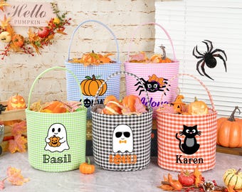 Cesta de Halloween personalizada con estampado de cuadros vichy, bolsa personalizada para pedir dulces