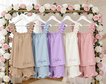 Custom Ruffle Bridesmaid Pajamas Sets Bridesmaid Pjs Monogrammed Pjs Wedding Party Pajamas Bridesmaid Proposal Gift Bachelorette Party Gift