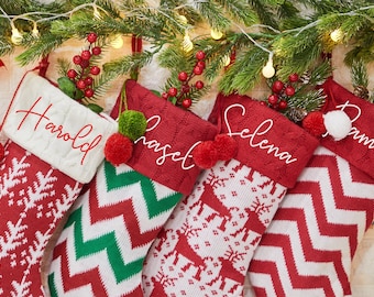 Personalized Knit Christmas Stocking, Embroidered Wool Felt Stocking