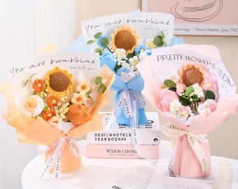 Ramo de flores de ganchillo hecho a mano, girasoles y tulipanes tejidos a mano, regalo de graduación