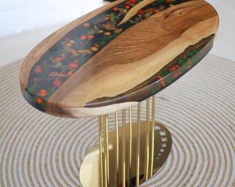 Oval walnut epoxy coffee table with flowers, handmade live edge resin wood table, large coffee table home decor christmas gift