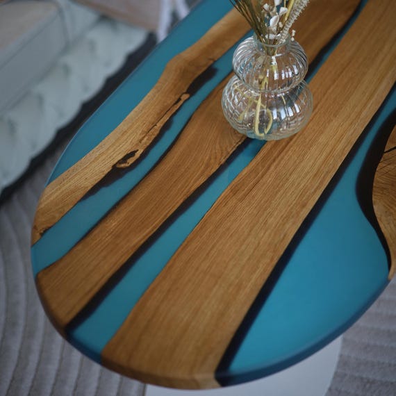 Epoxy blue river table, oval epoxy coffee table, minimalist end table, small resin end table, low natural wood coffee table, new home gift