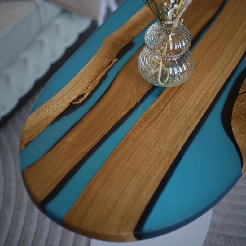 Epoxy blue river table, oval epoxy coffee table, minimalist end table, small resin end table, low natural wood coffee table, new home gift