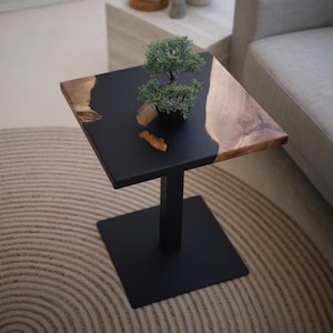 Square accent coffee table, small black end table, live edge end table, handmade wood sofa table, living room decor, new home gift