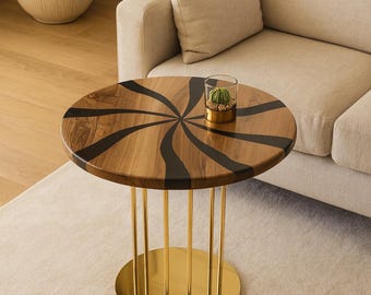 Round Walnut Coffee Table, Epoxy Resin Inlay, Gold Base
