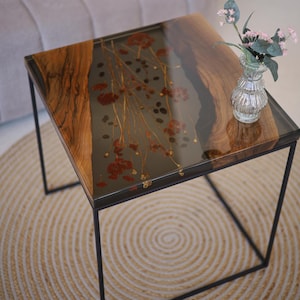 Square floral natural wood table, walnut handmade coffee table, low live edge table, modern end table, living room decor, new home gift