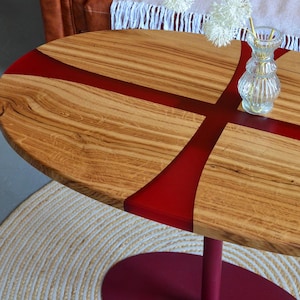 Natural wood end table, rustic oval coffee table, cherry red epoxy coff table, small sofa table, handmade furniture, new home gift