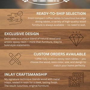 May include: Promotional image for Palmariu, showcasing wood furniture with epoxy resin. Text highlights ready-to-ship selection, exclusive design, custom orders, inlay craftsmanship, and secure packaging. The image features a wooden background with text and icons.