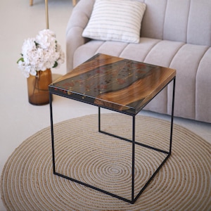 Flowers in resin table, wooden coffee table, handmade square floral table, walnut epoxy table, unique furniture, new home gift, home decor
