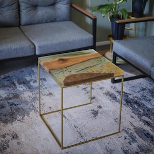 Square floral coffee table, natural wood walnut epoxy table, flowers in resin table, small sofa side table, low unique wooden furniture