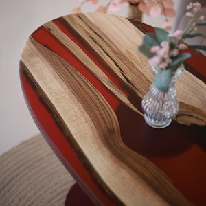 Cherry red epoxy resin table, wooden coffee table, living room small end table, oval accent coffee table, unique home decor gift