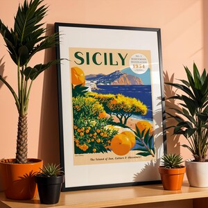 Cartel publicitario de viajes de Sicilia, Italia, años 50, estilo vintage, descarga digital, bellas artes, arte mural, decoración del hogar, estética retro, publicidad de mediados de siglo.