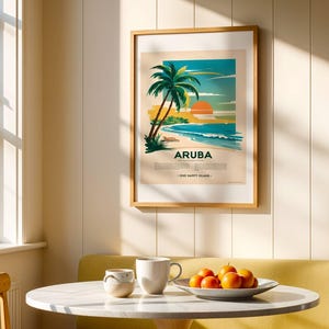 Cartel publicitario de viajes de Aruba, Caribe, estilo vintage de los años 50, descarga digital, arte mural, decoración del hogar, estética retro, publicidad de mediados de siglo.