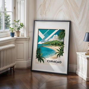 Cartel publicitario de viajes de estilo vintage de los años 50 del Caribe de Curazao, descarga digital, arte mural, decoración del hogar, estética retro de mediados de siglo.