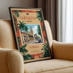 Cartel de viaje vintage de Cartagena, Colombia, años 50, descarga digital, arte mural, decoración del hogar, estética retro, mediados de siglo, estilo latino.
